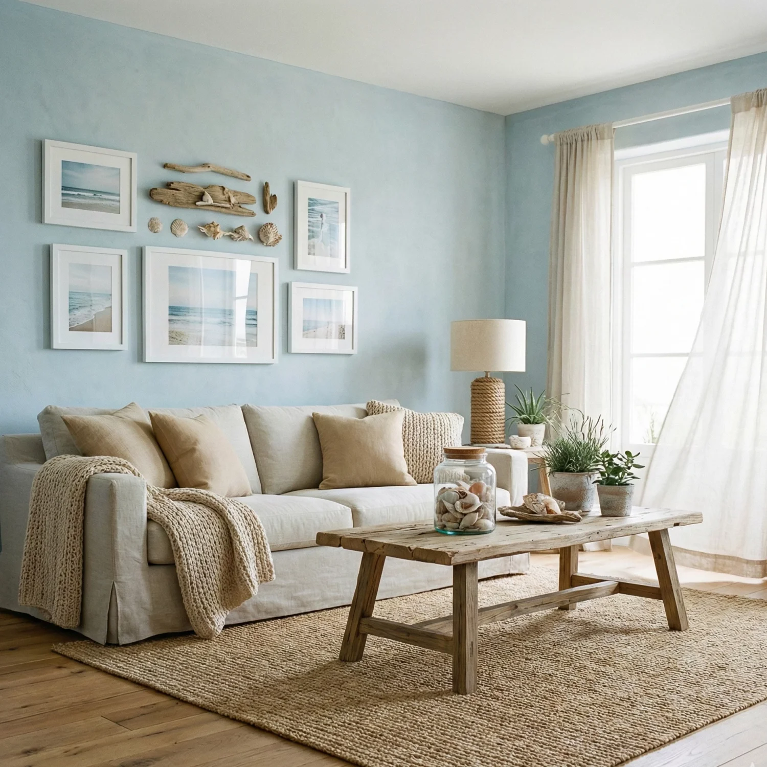 Coastal living room with blue walls, beach art, and natural textures