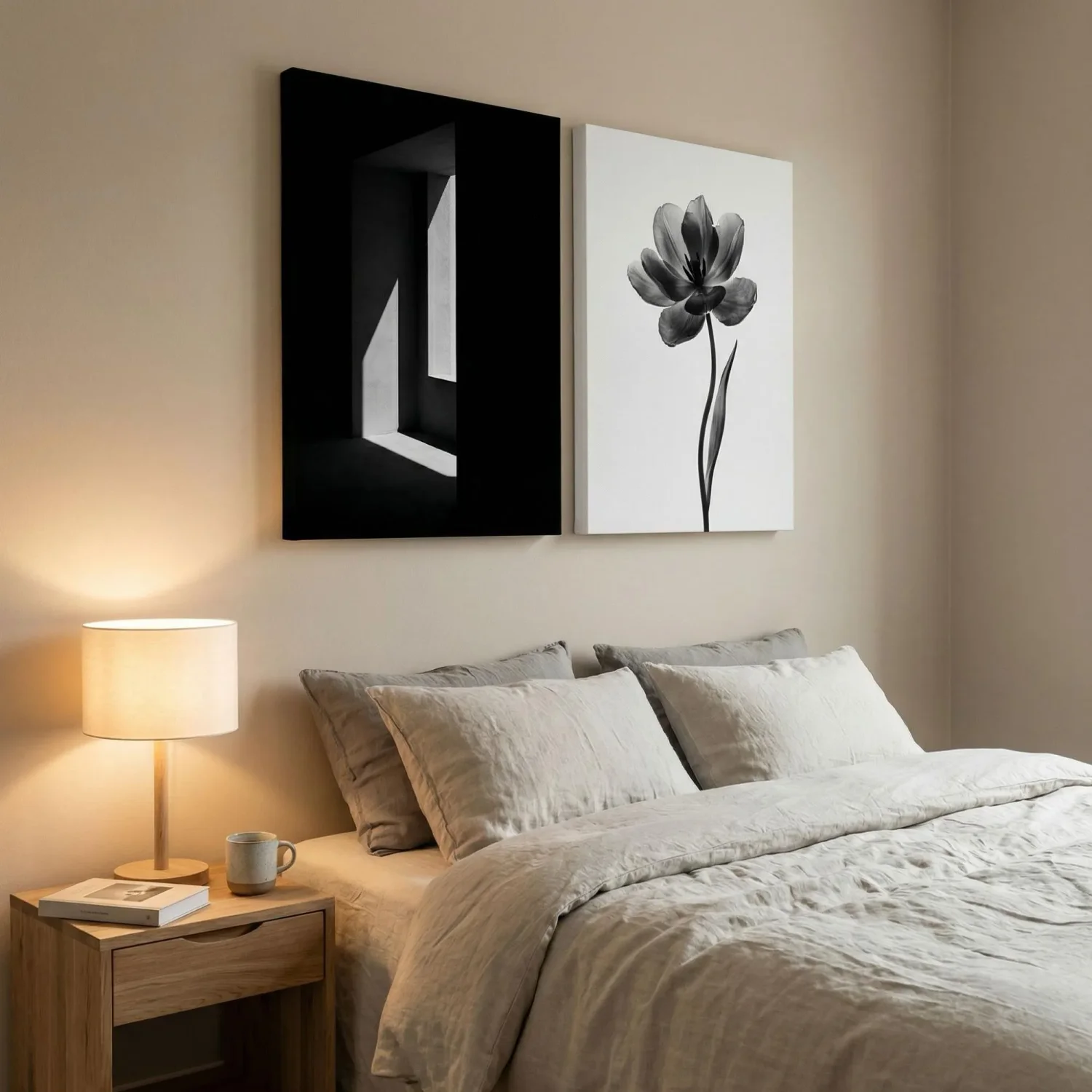 Black and white canvas prints in a modern bedroom