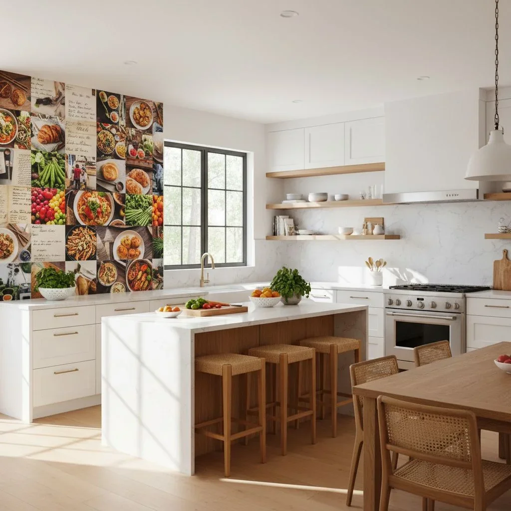 Recipe collage display in kitchen