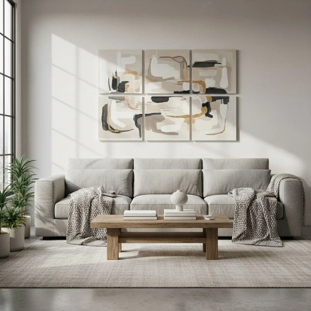 Large wall art above living room sofa