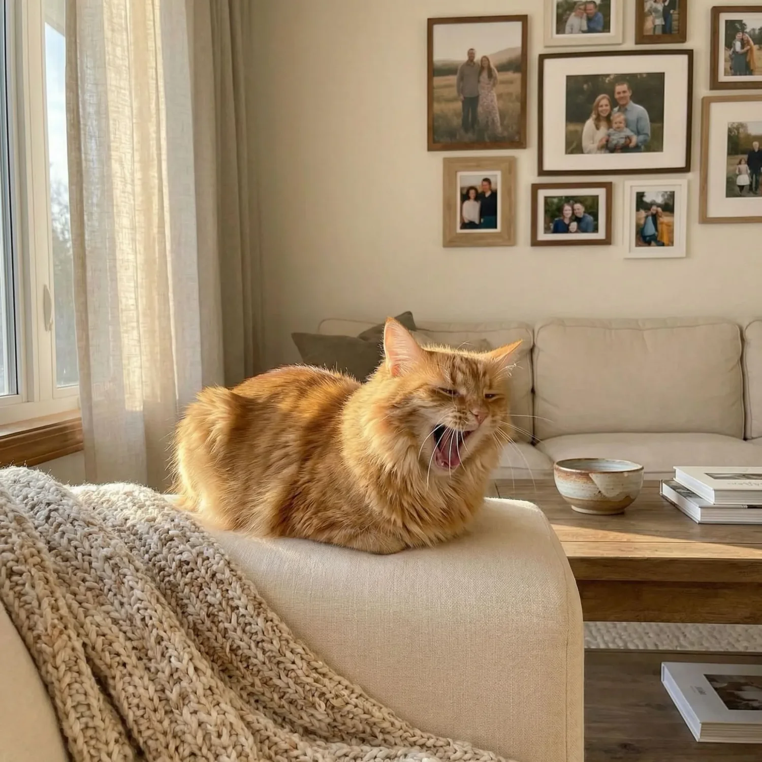 Fluffy orange cat mid-yawn loafing on sofa at home