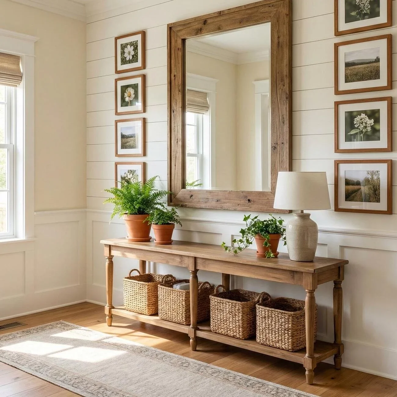 Airy hallway with wicker baskets, framed art, and rustic decor
