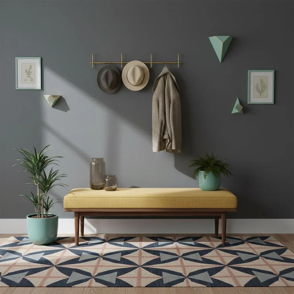 Vintage 1950s entryway with geometric rug and brass