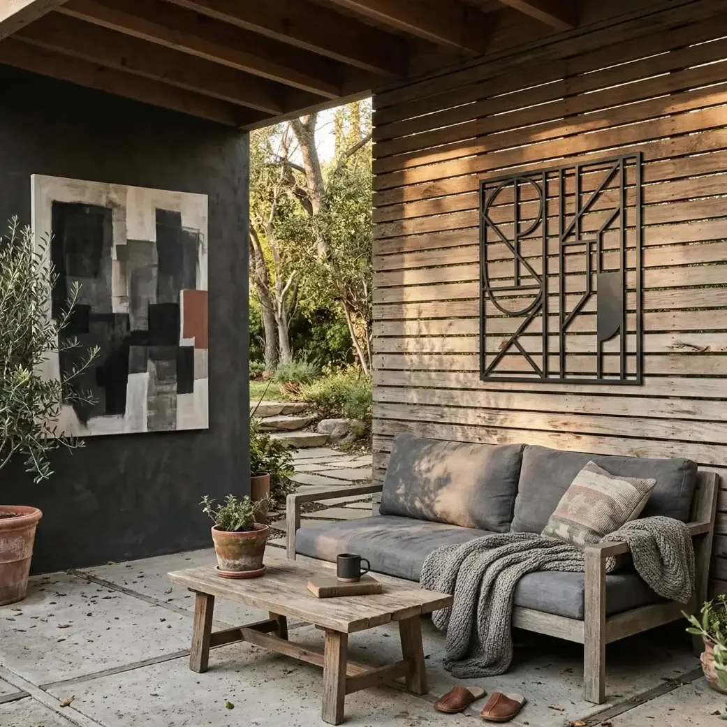 Modern patio with outdoor sofa, wood wall art, and plants