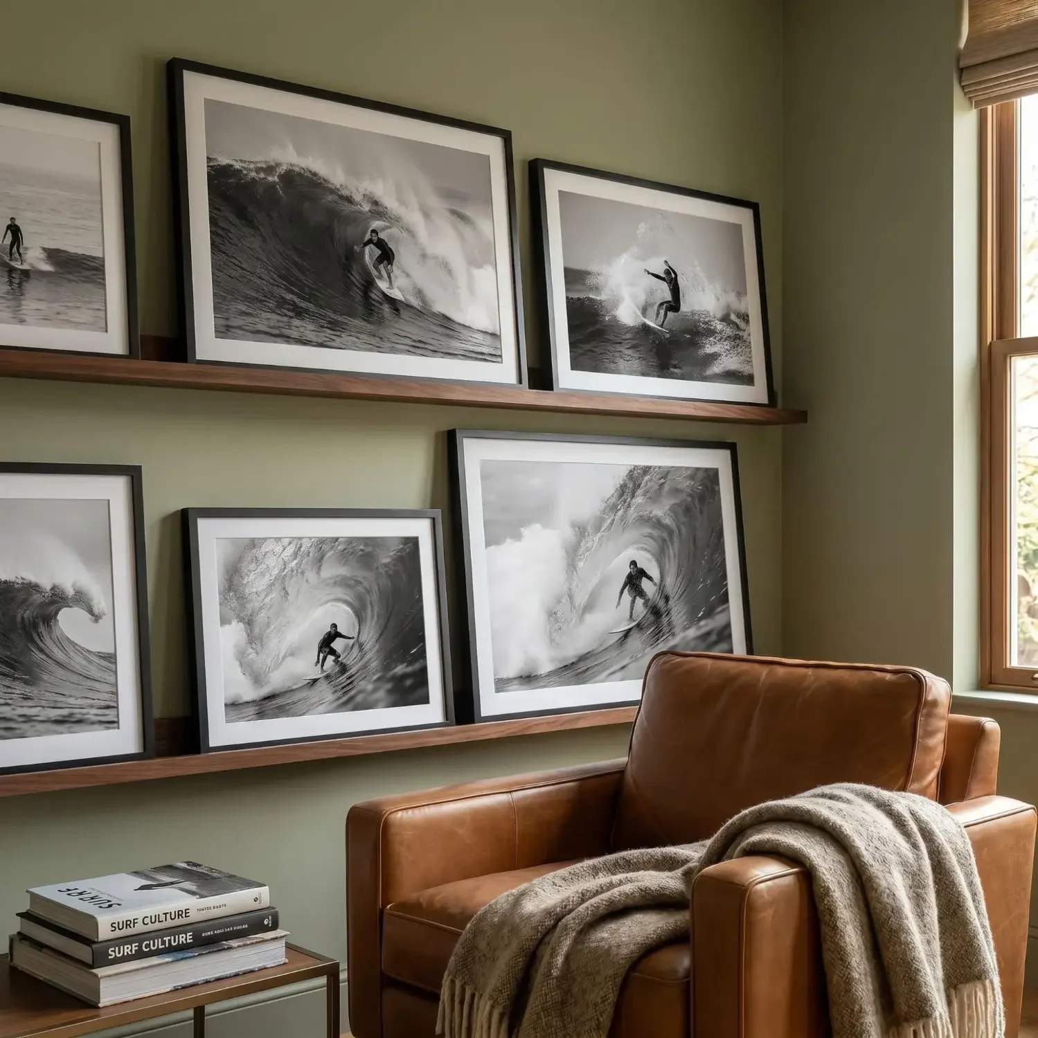 Black and white surf photography framed in modern home