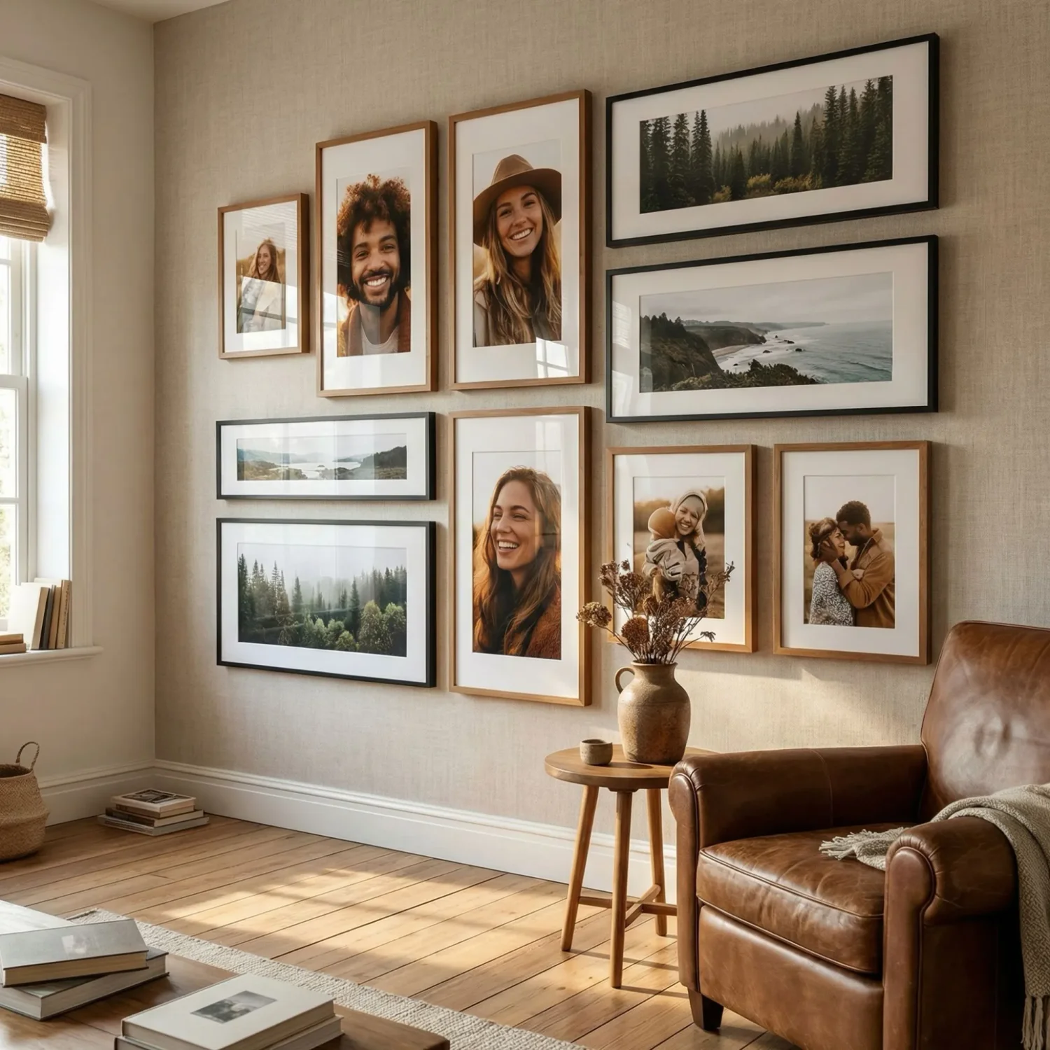 Portrait and landscape framed photos on living room wall