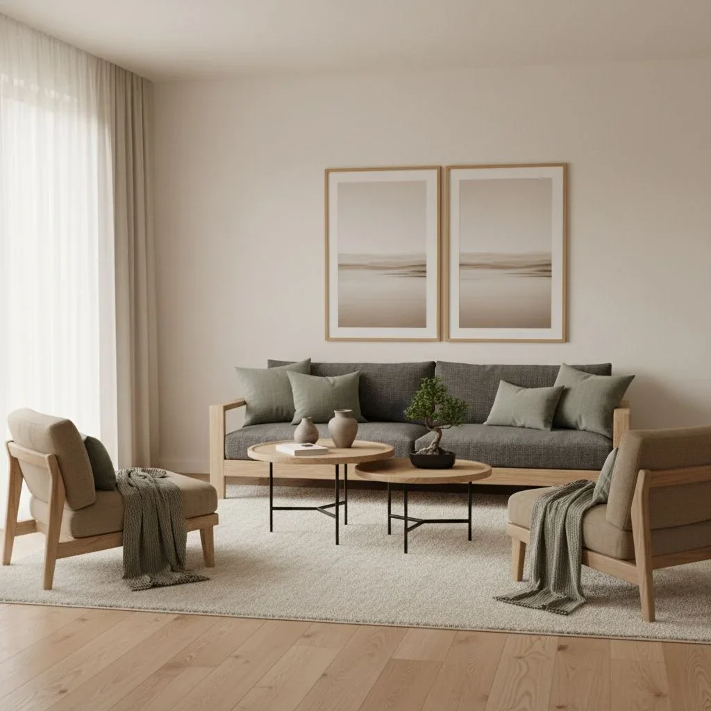 Japandi room with soft tones and oak