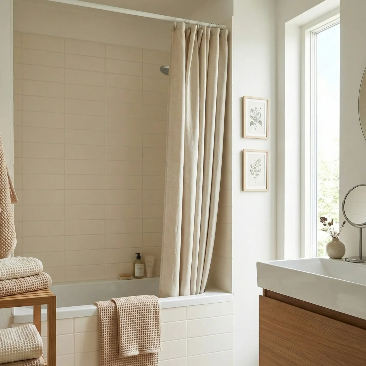 Bright neutral bathroom with tub, linen shower curtain, towels