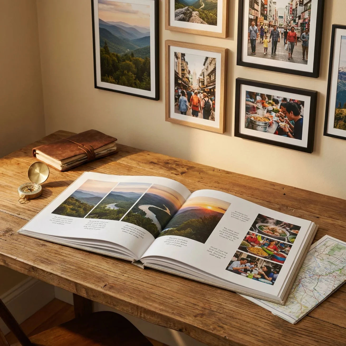 Travel photo book with map on rustic desk