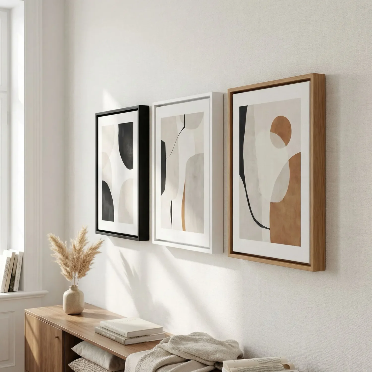 Black, white, wood floating frame canvas on wall