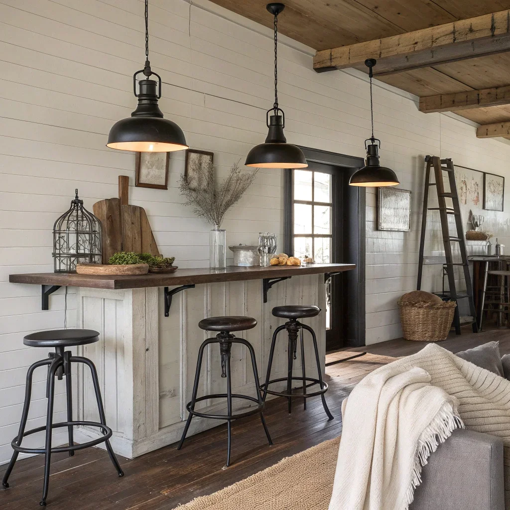 Industrial farmhouse room combining factory-style lighting, metal stools, and darker woods with warm white walls and soft textiles for balance.