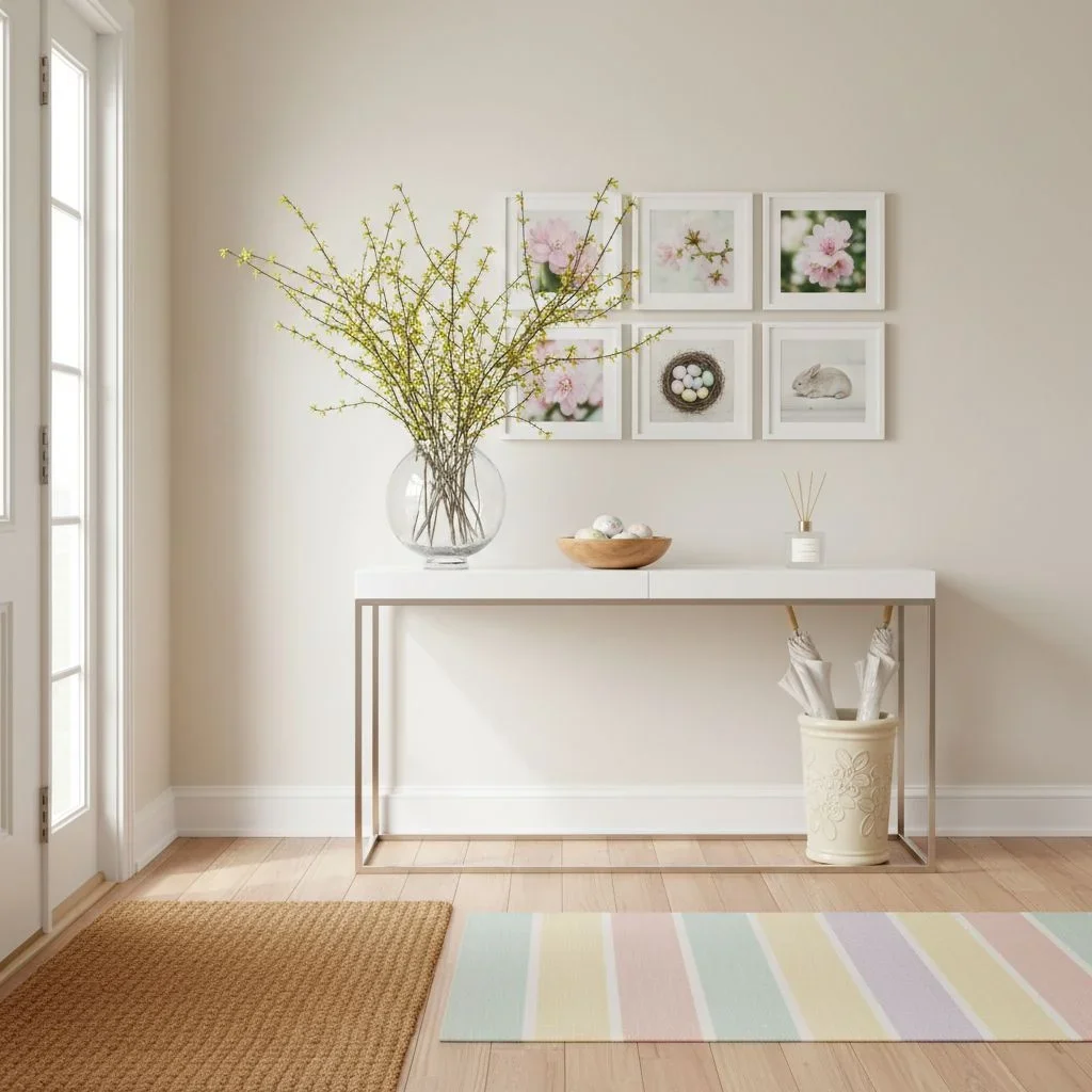 Easter entryway with doormat, branches, eggs, and Mixtiles