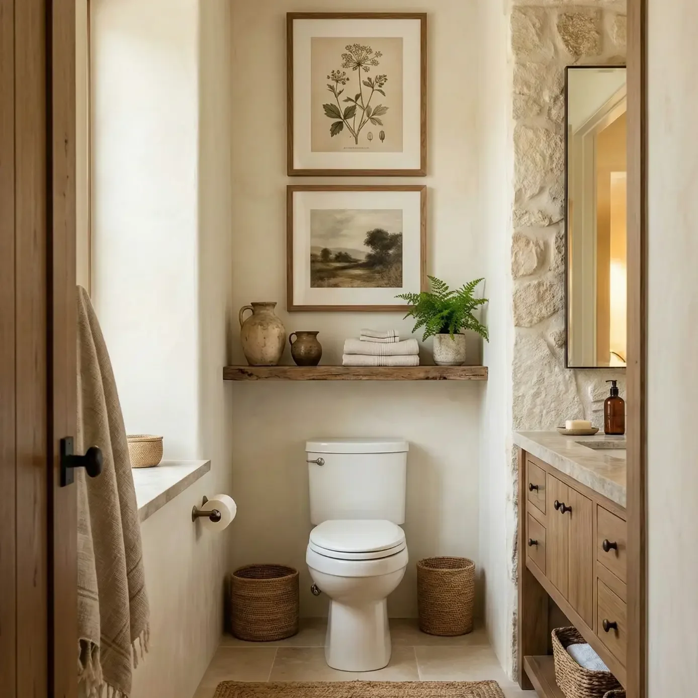 Rustic bathroom with wood vanity, stone wall, and framed art.