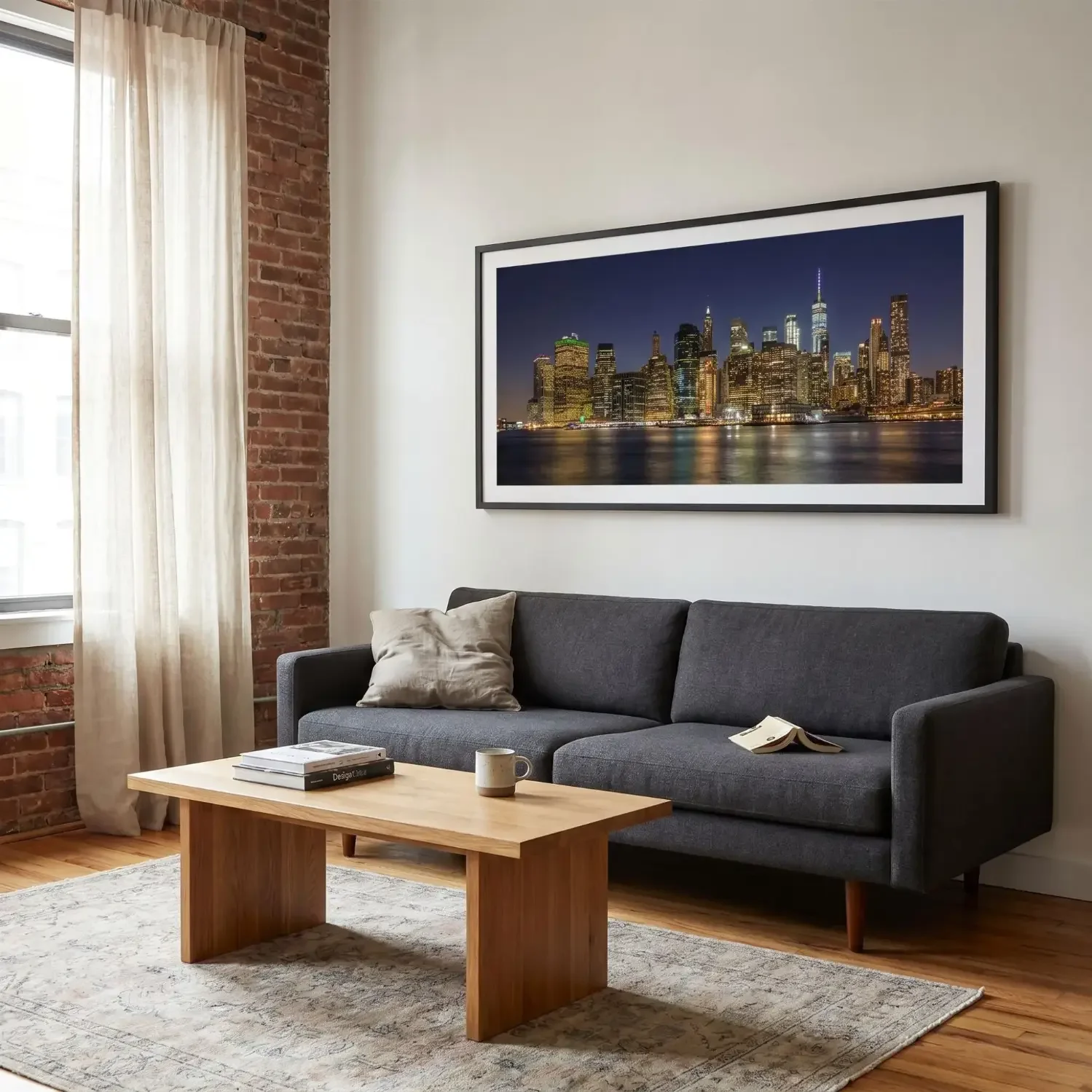 Manhattan skyline framed art in modern living room