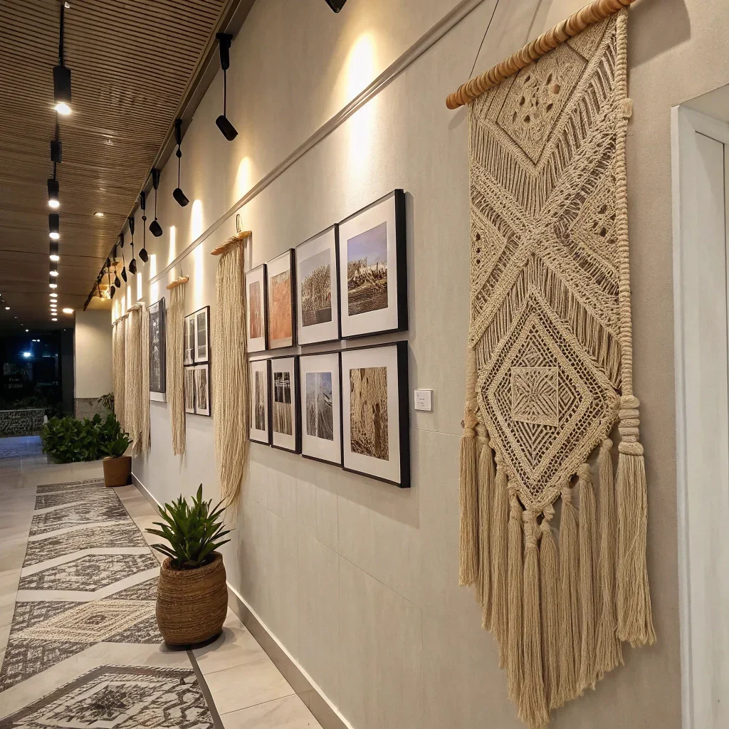 Wall combining tapestries, photography, and reflective accents.