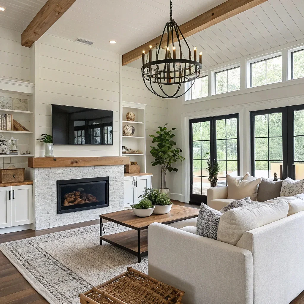 Modern farmhouse living room with clean lines, warm neutrals, natural wood, and subtle black accents, featuring a modern chandelier above a cozy seating area.