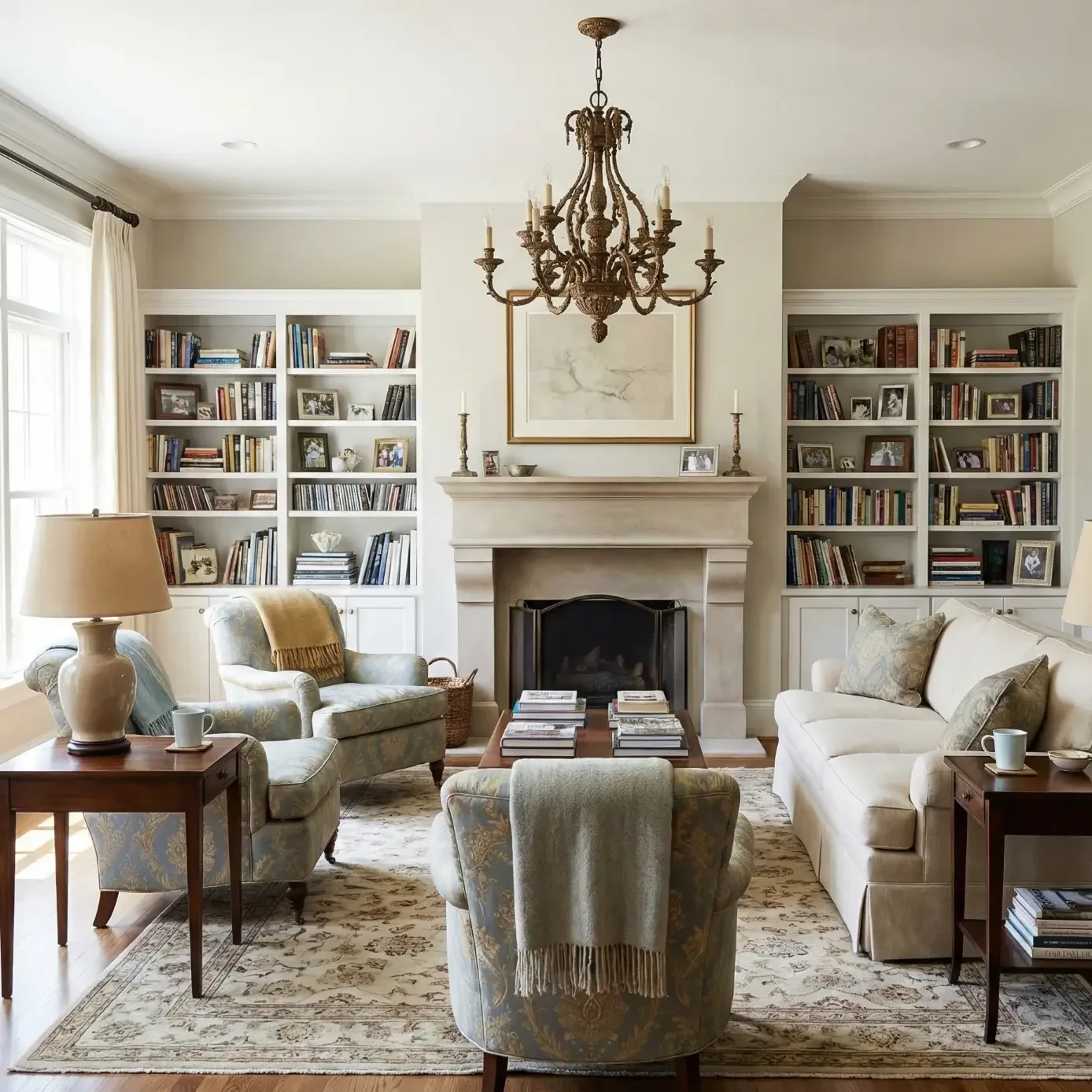 Elegant living room with chandelier, fireplace, and bookshelves