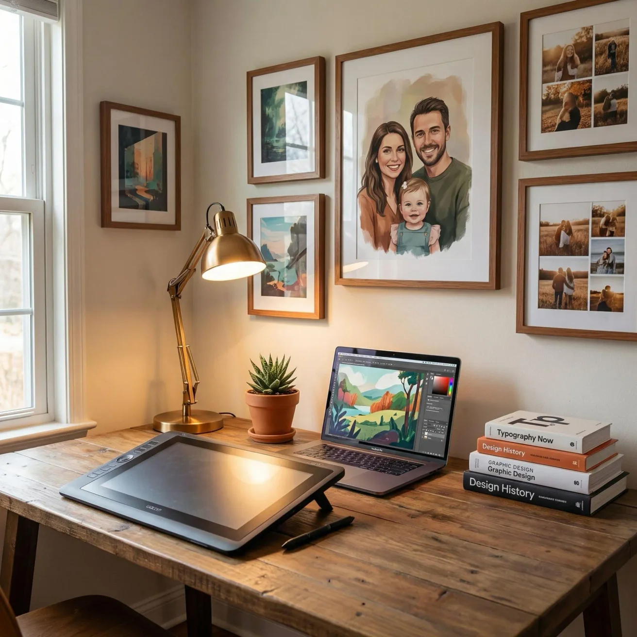 Digital art desk with illustrated family portrait