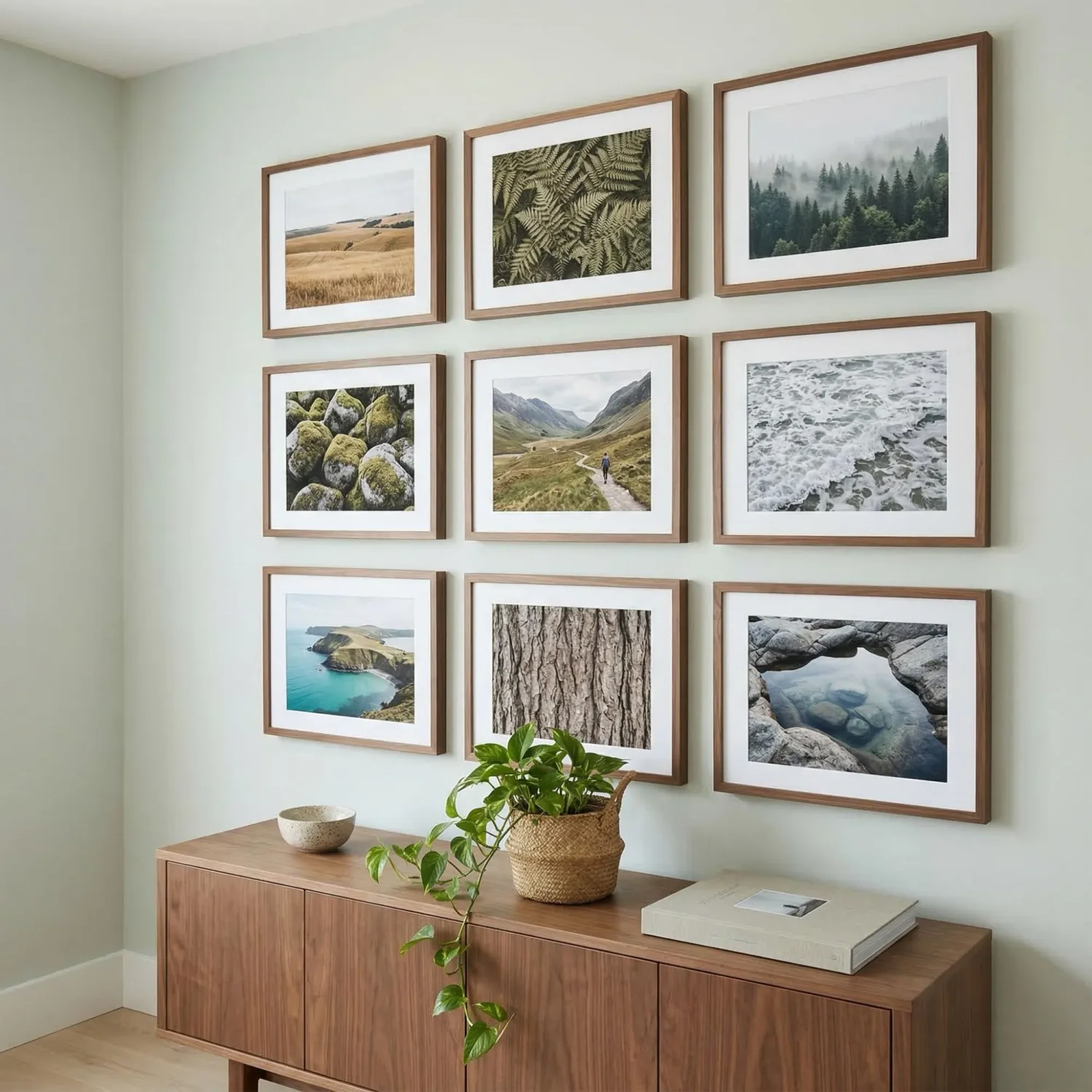 3x3 grid gallery wall with landscape framed photos