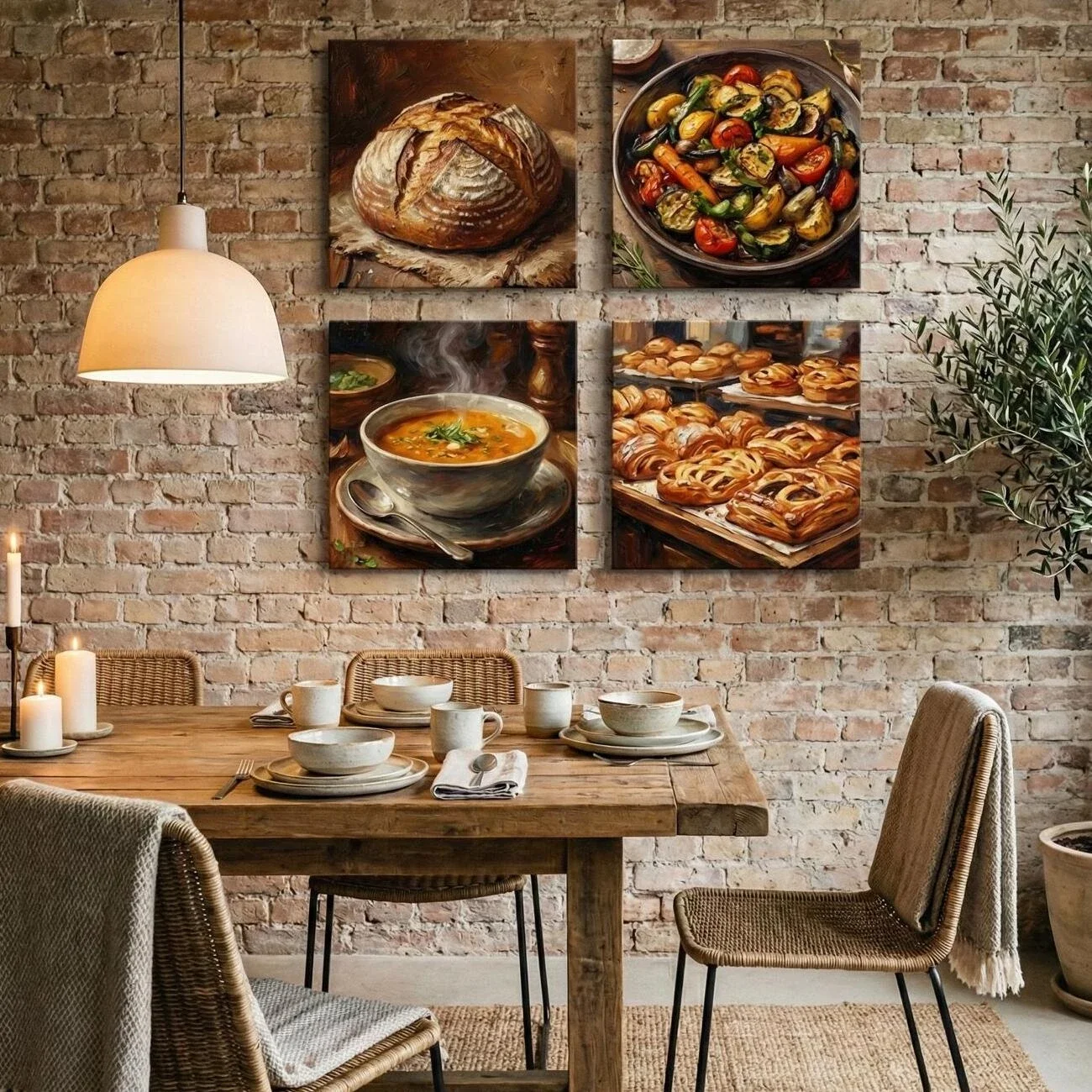 Dining room with rustic table and food art on brick wall