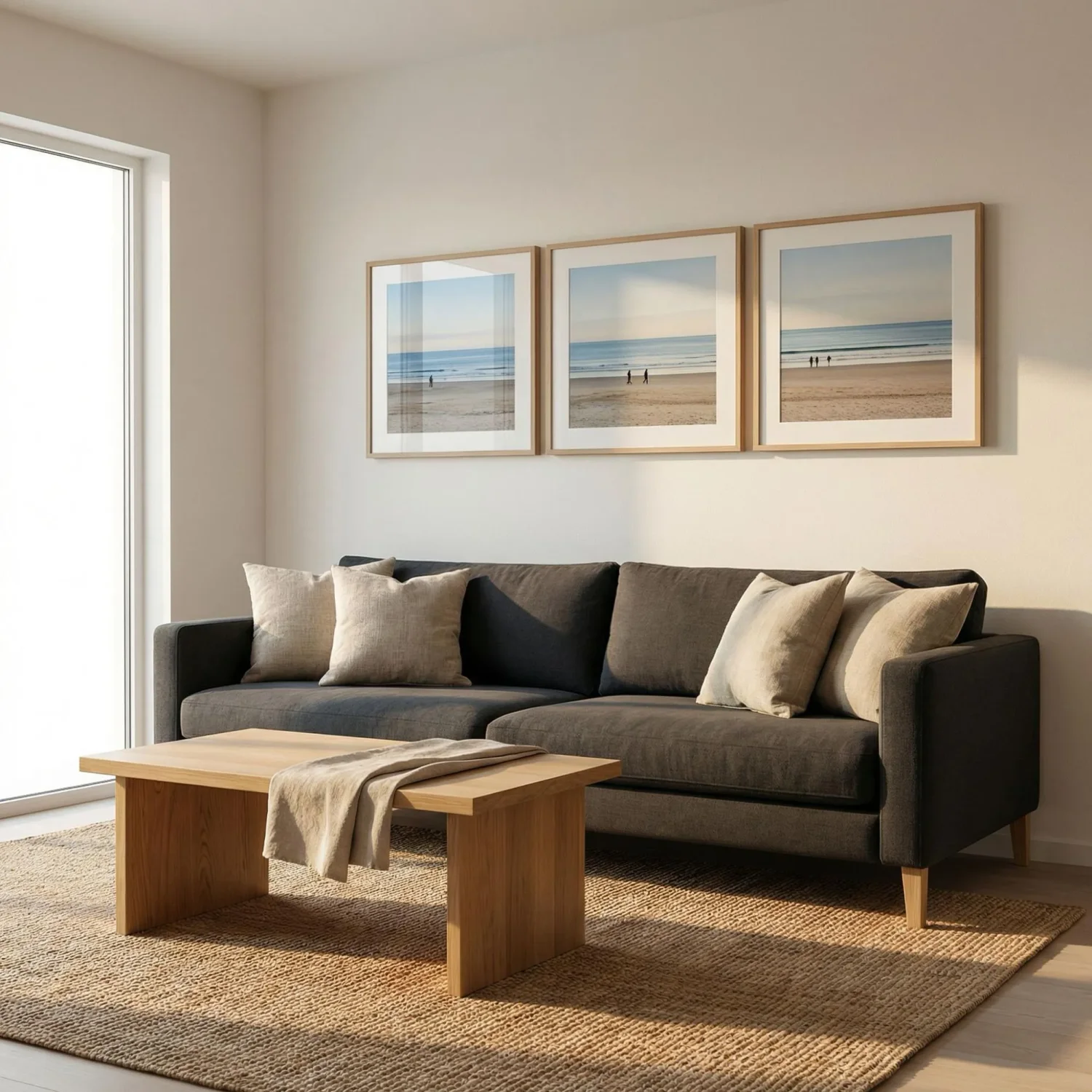 Triptych framed photos above sofa in living room