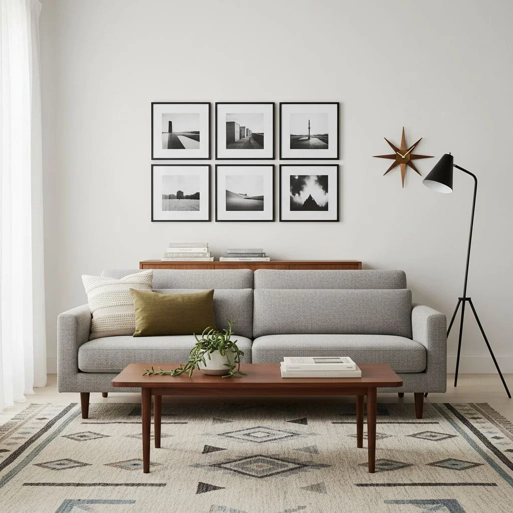 Mid-century modern living room with geometric rug