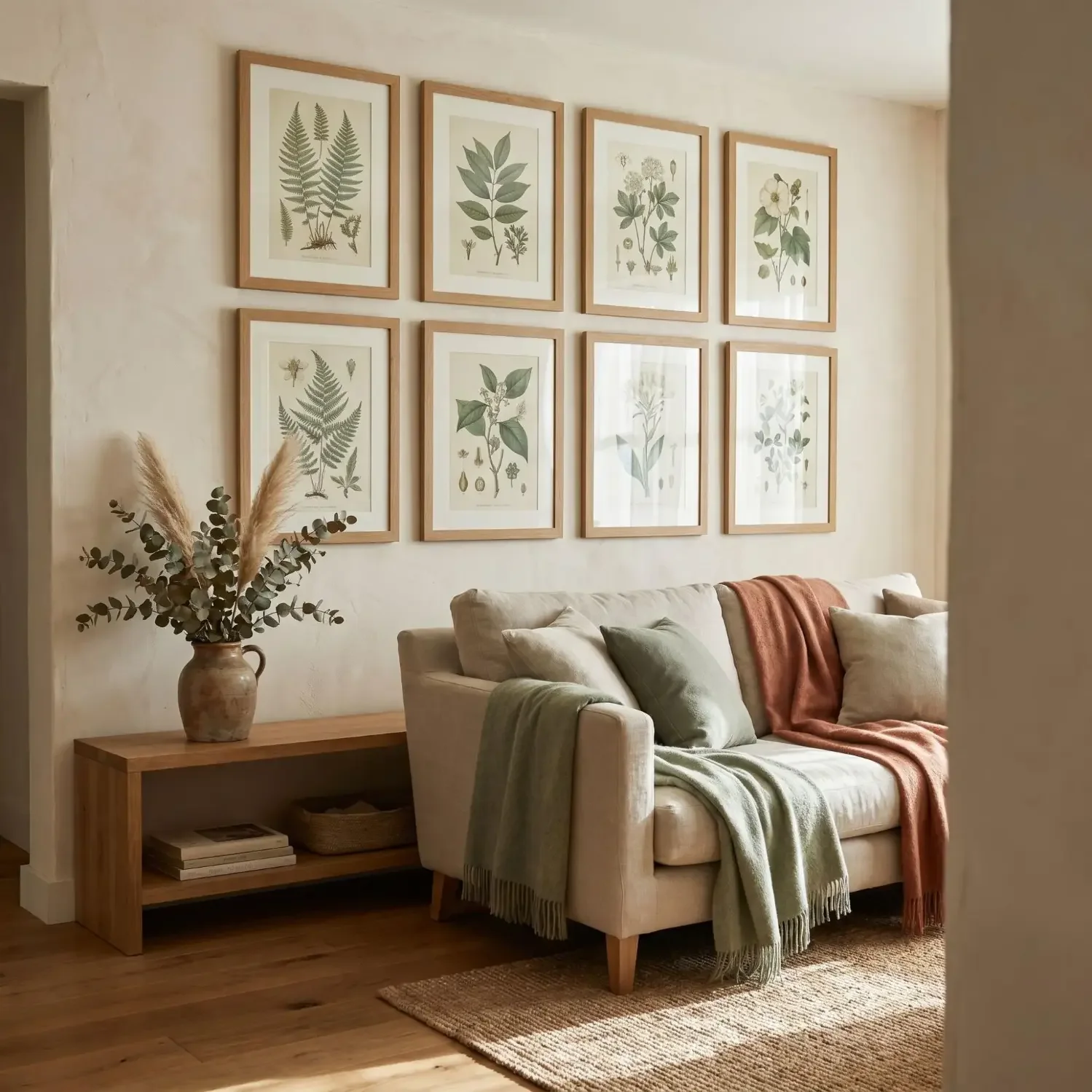 Botanical prints grid above sofa in living room