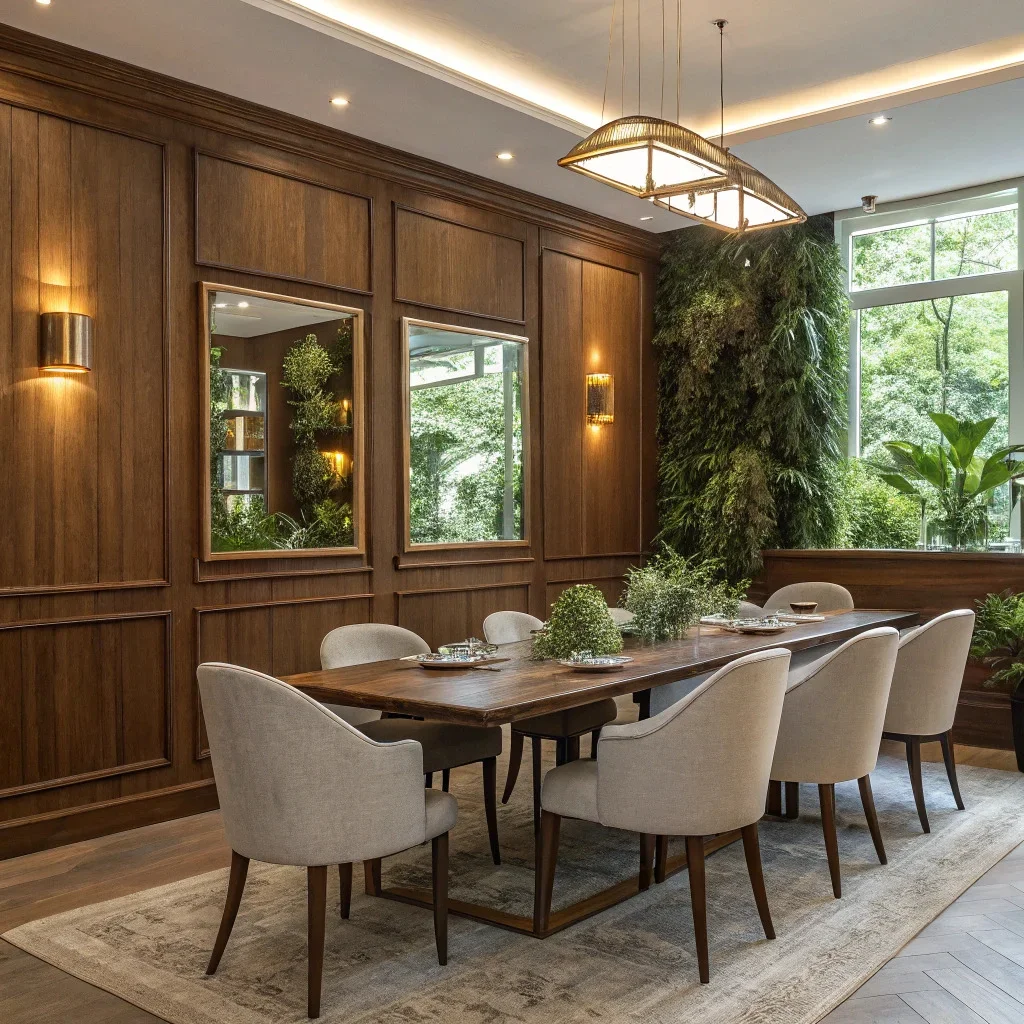 Dining room wall with wood paneling and inset mirrors.