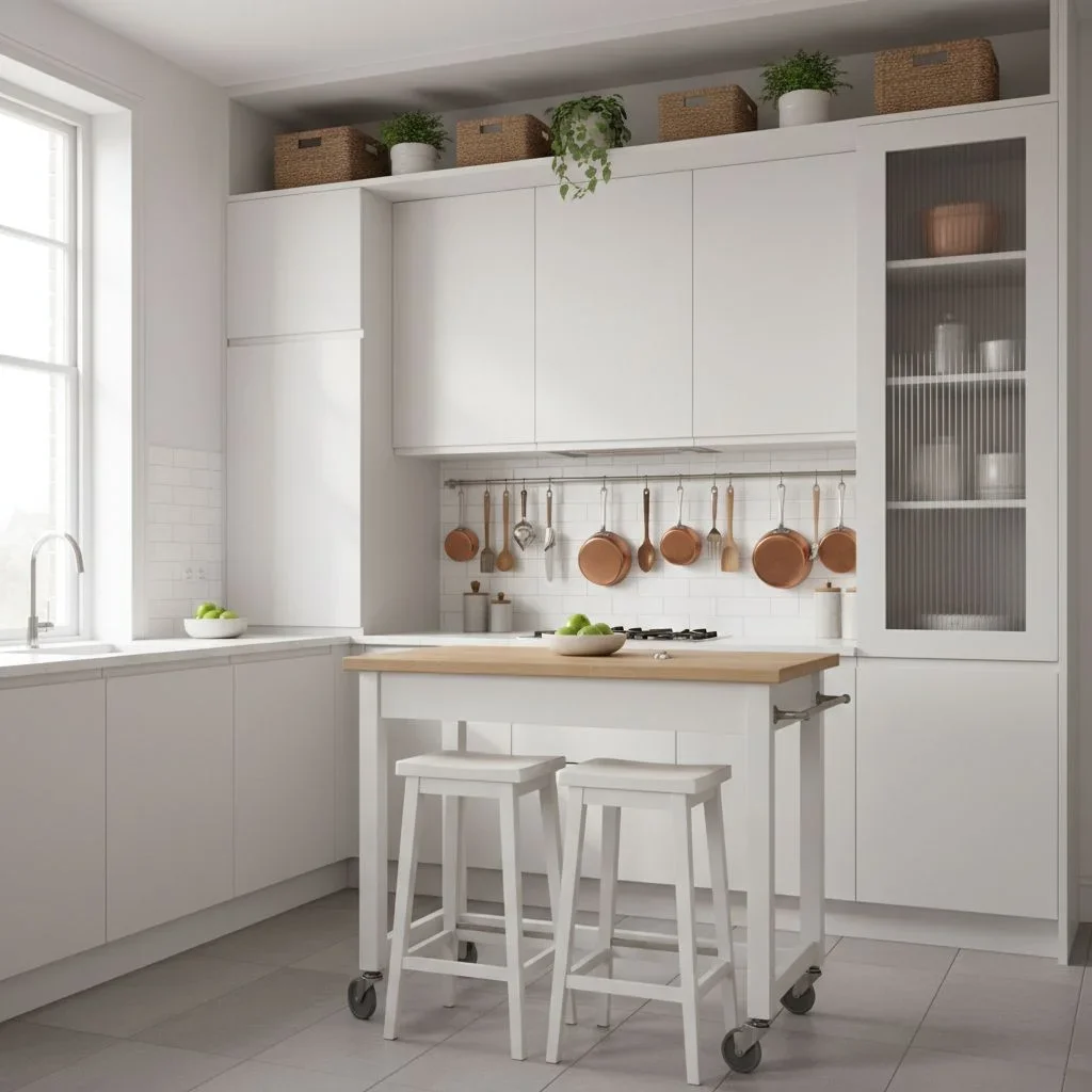 Realistic modern small kitchen with smart storage solutions