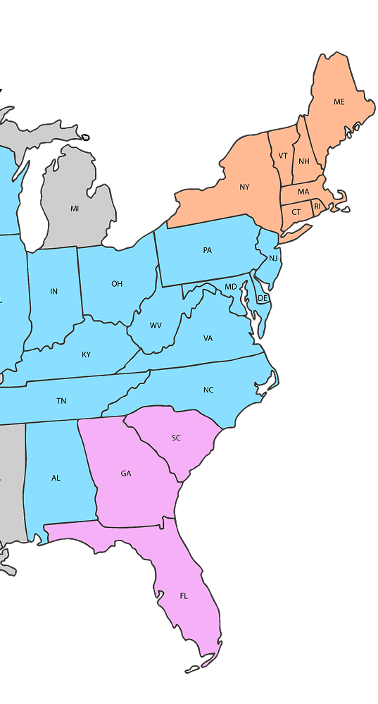 Map of the United states showing states mattress Warehouse is located