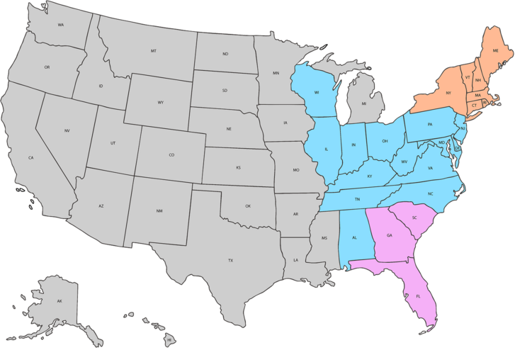 Map of the United states showing states mattress Warehouse is located