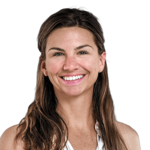 A headshot of Olivia Welch–smiling with long brown hair, wearing a white sleeveless top, against a neutral gray background.
