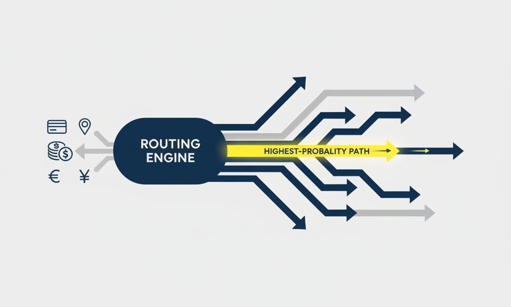 Illustration of a routing engine directing transactions across multiple paths, with one highlighted yellow path labeled highest-probability.