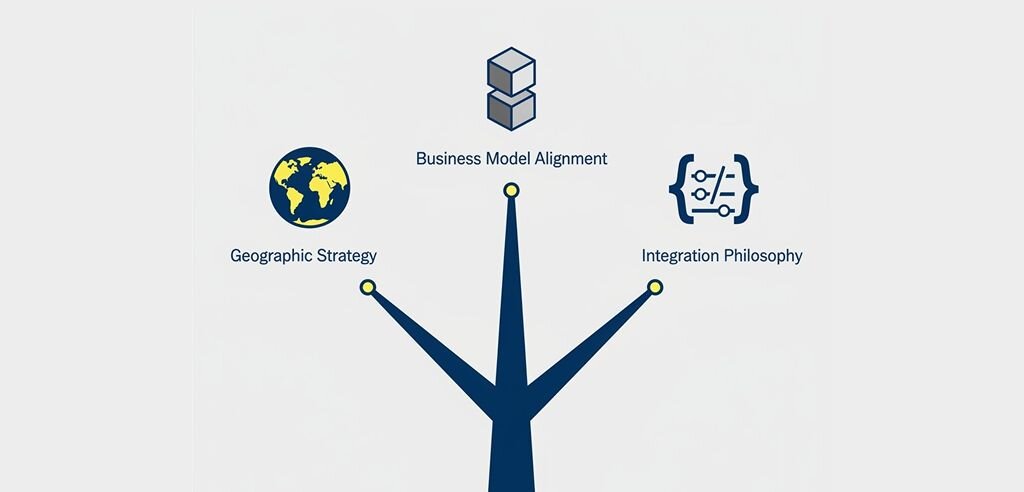 Illustration of a fork in the road branching into three paths, each representing a strategic decision: geographic strategy with a globe icon, business model alignment with stacked blocks, and integration philosophy with code brackets.