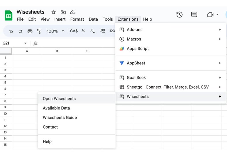 Wisesheeets on Google Sheets