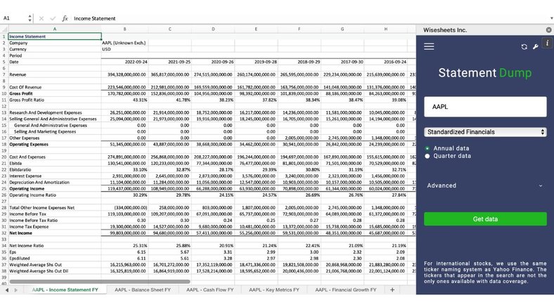 Stock financial Excel tool