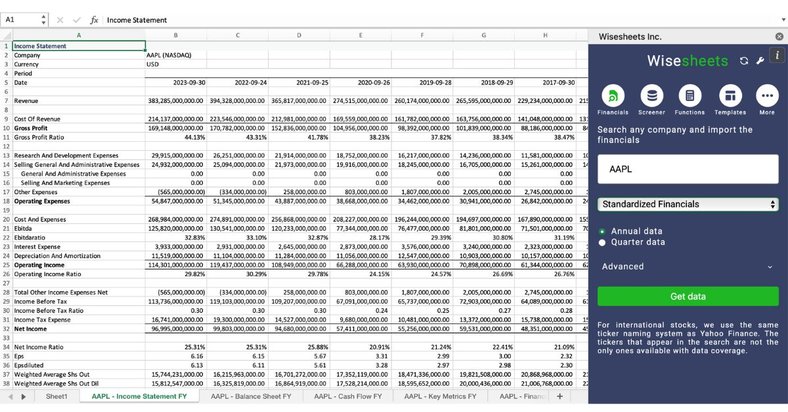 Stock financial Excel tool