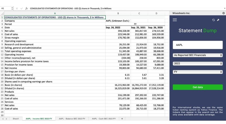 SEC financials Excel