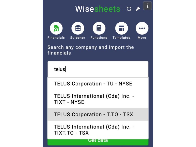 Wisesheets stock search