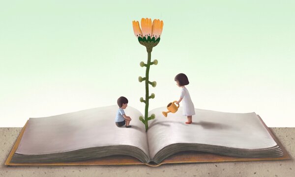 an open book with a plant growing in the middle