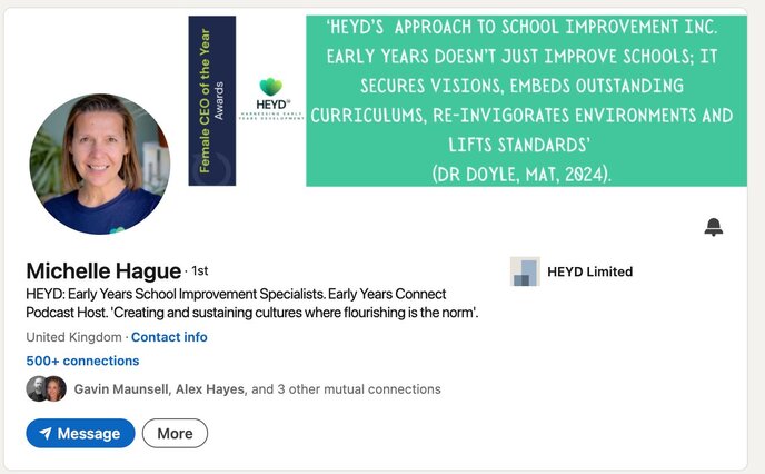 Early Years specialist Michelle Hague shares leadership tips, continuous provision strategies, and EYFS improvement insights on LinkedIn. Access additional Early Years leadership resources on EuHu.