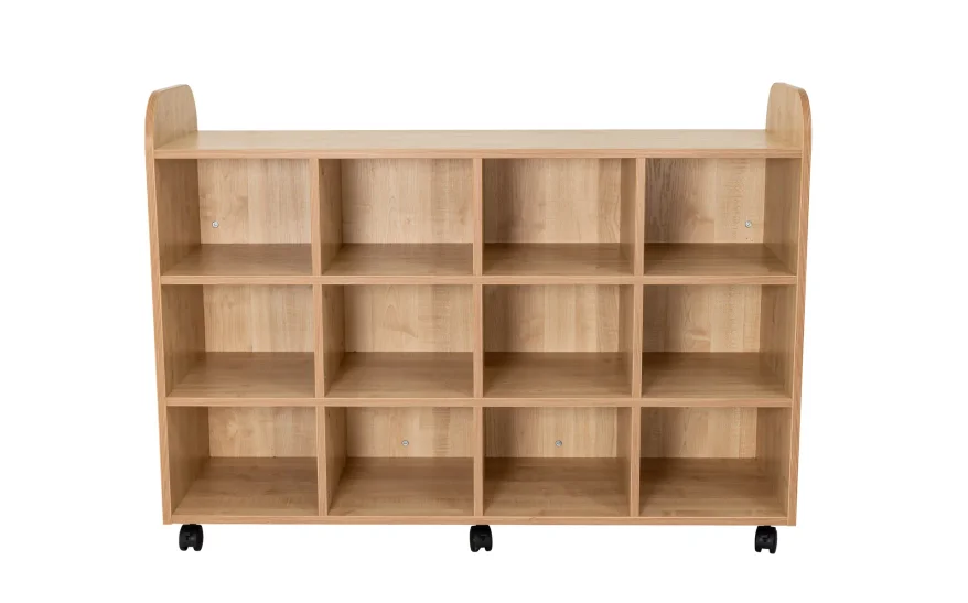 Natural wooden storage baskets for classroom organization