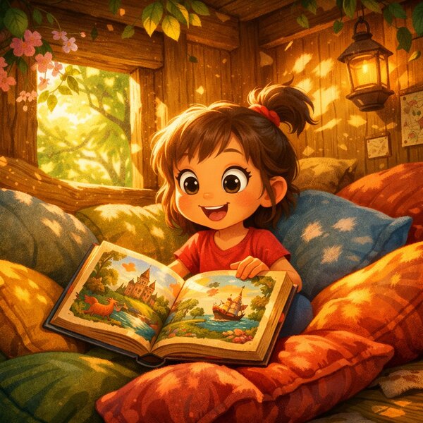 Animated child reading a story book