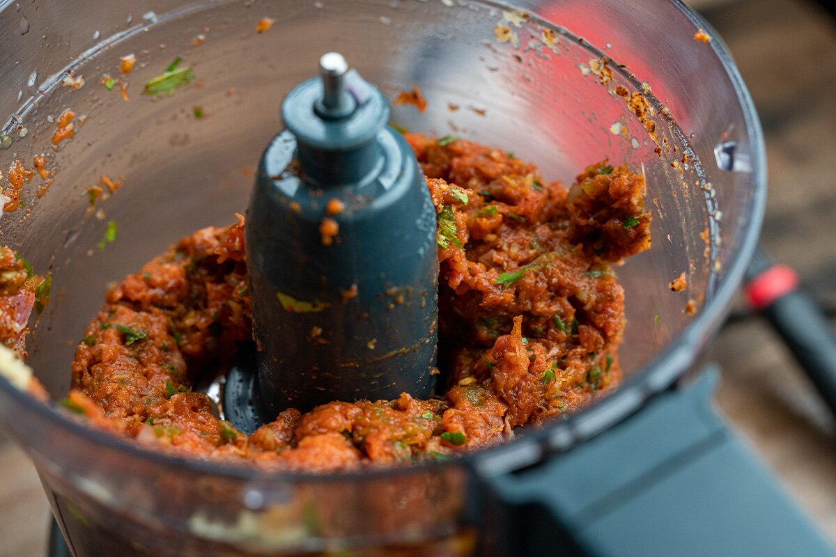 Pulse the burger mix in the food processor until it has the rough texture of ground beef, but wetter.