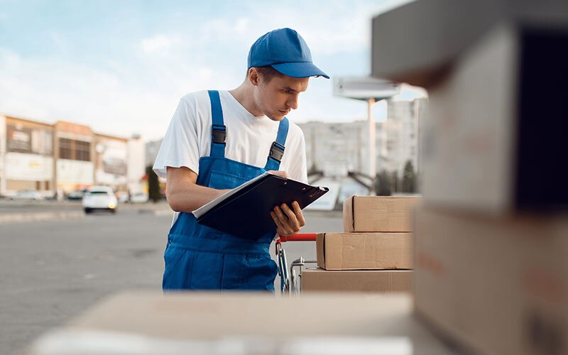 A delivery driver checks the order form outside in the parking lot.