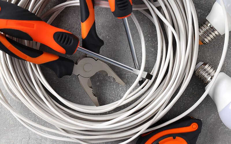 Electrical supplies, including wiring, pillars and light bulbs.