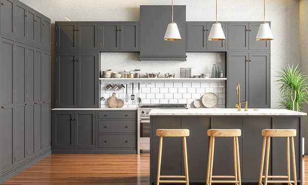 Kitchen with gray cabinets