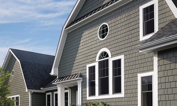 Home exterior with gray siding