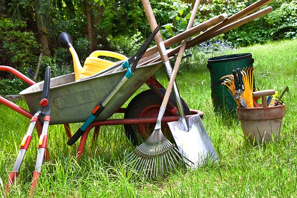 Gardening tools in the garden