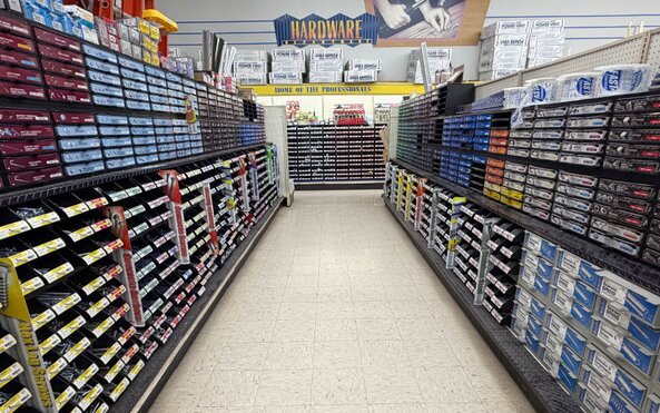 The hardware and fastener aisle at Johnson Wholesale Lumber.